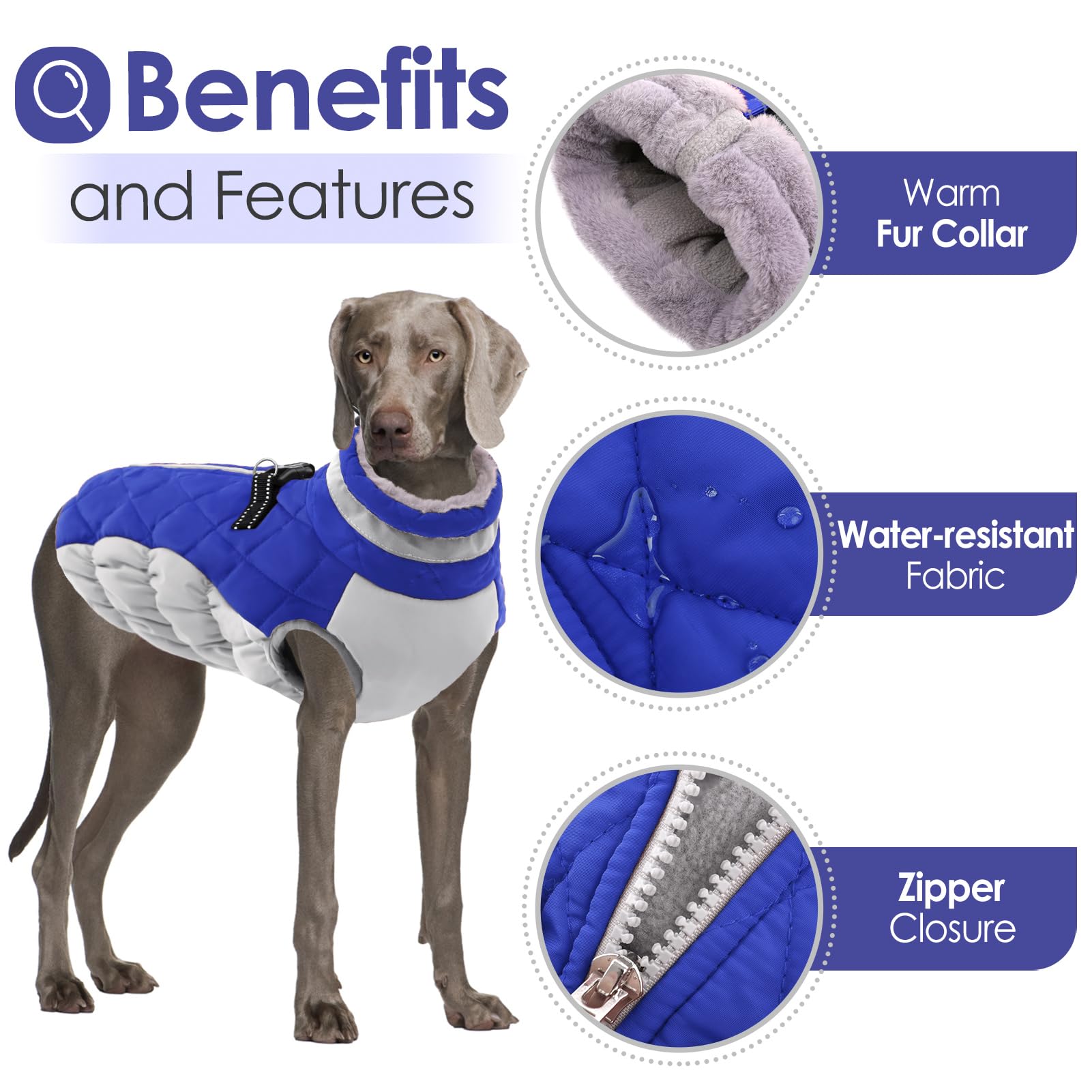 Aofitee Dog Winter Coat, Warm Fleece Lining, Water Resistant, Reflective Turtleneck, Harness Built-In, Blue Xs